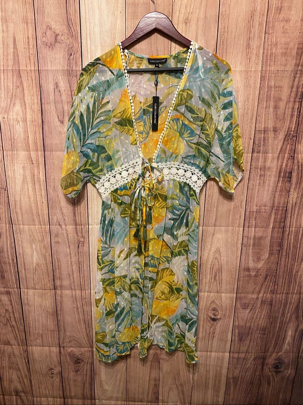 Club Z Collection Medium NWT swim coverup green yellow floral crochet
